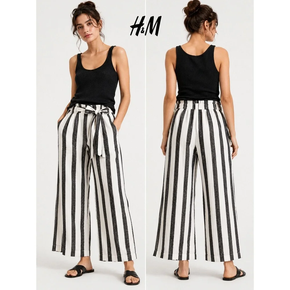 H&M Striped Wide Leg Linen Blend Pants Black White High Rise Tie Waist Size S